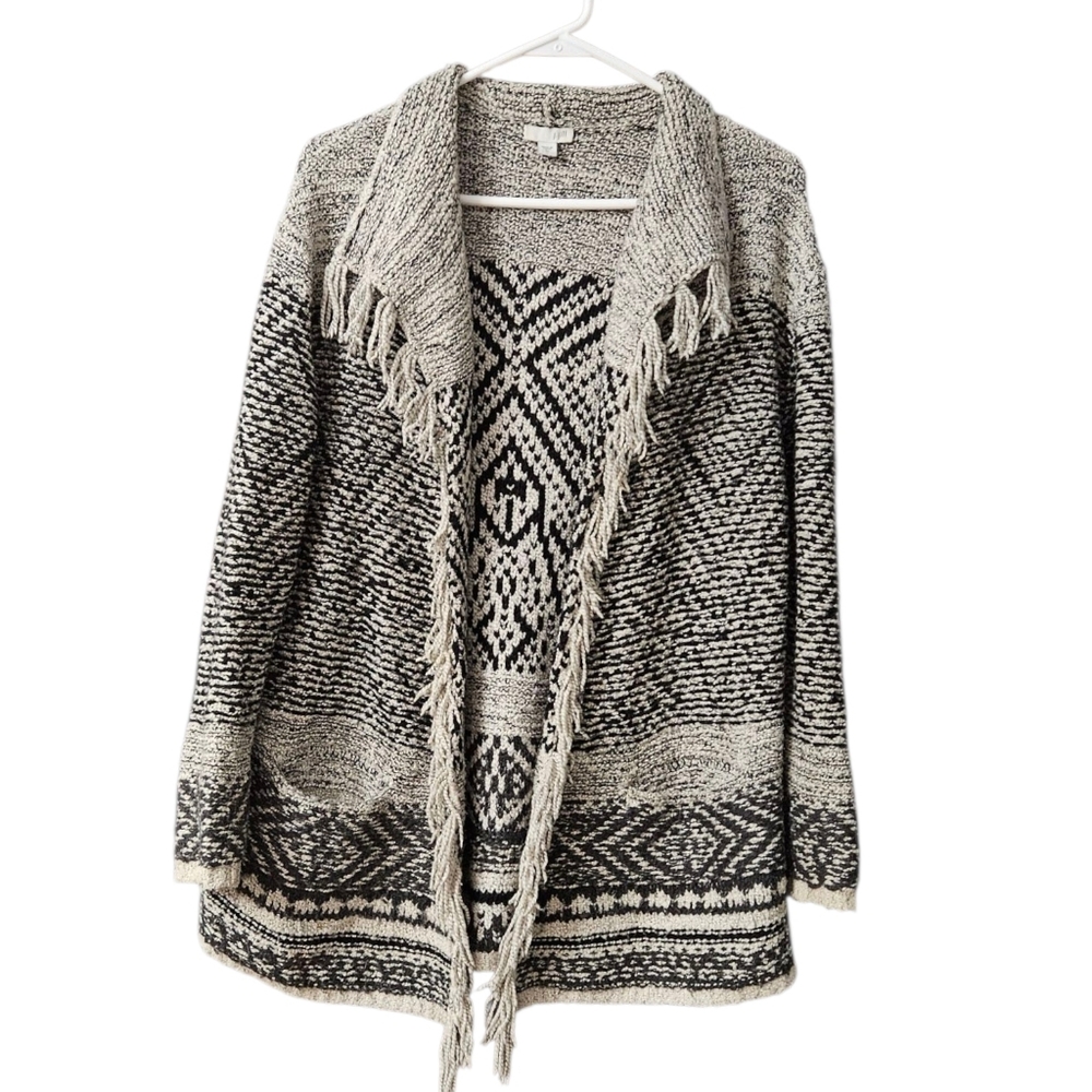 J.Jill Open Front Cardigan Fringe Women XS Boho Black Oatmeal Pockets
